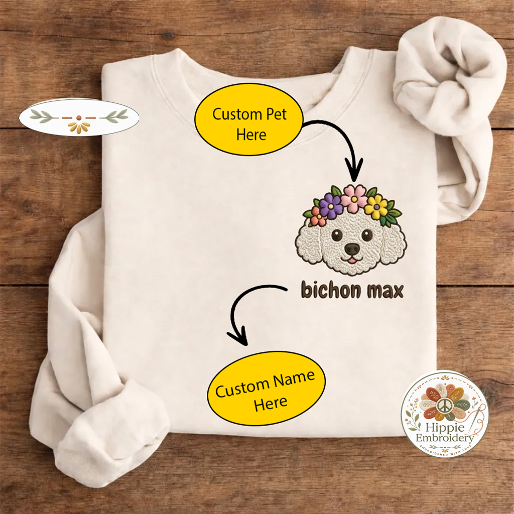 Custom Pet Photo Flower Crown Embroidered Sweatshirt, Portrait Crew
