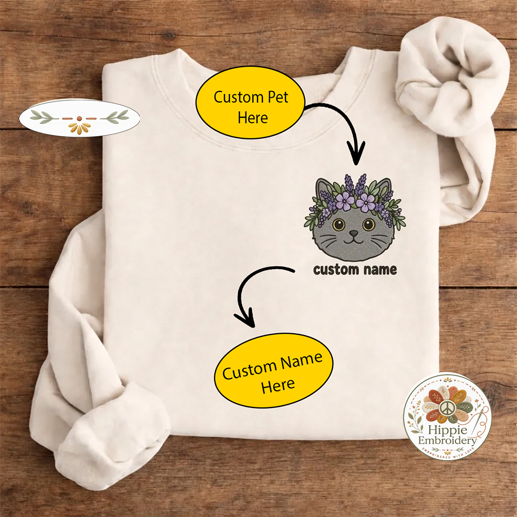 Custom Pet Photo Flower Crown Embroidered Sweatshirt, Portrait Crew