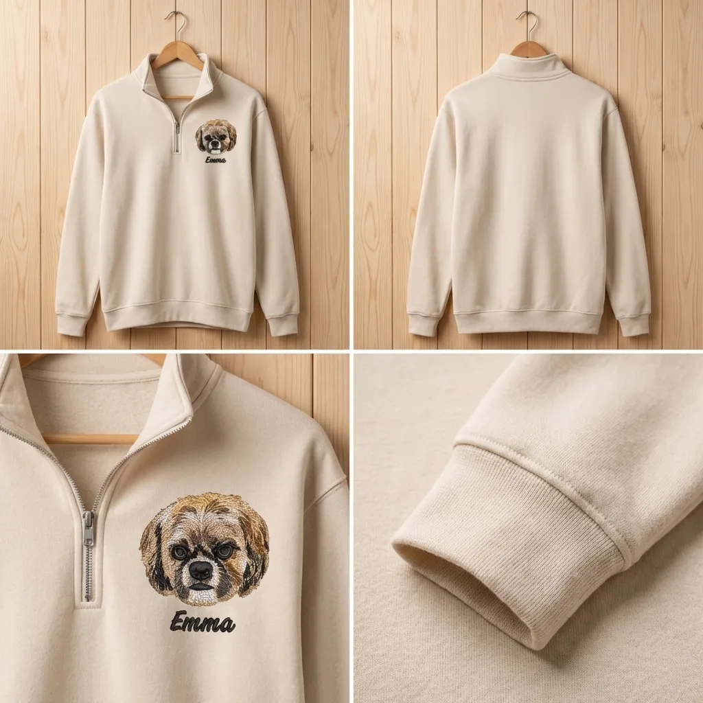 Custom Pet Portrait Embroidered Quarter Zip Sweatshirt, Dog Cat