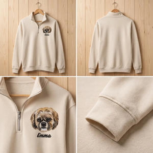 Custom Pet Portrait Embroidered Quarter Zip Sweatshirt, Dog Cat