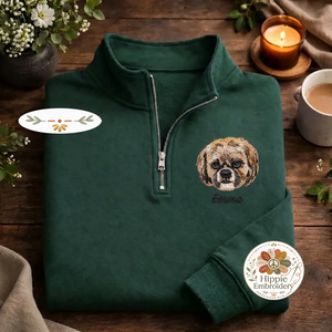 Custom Pet Portrait Embroidered Quarter Zip Sweatshirt, Dog Cat