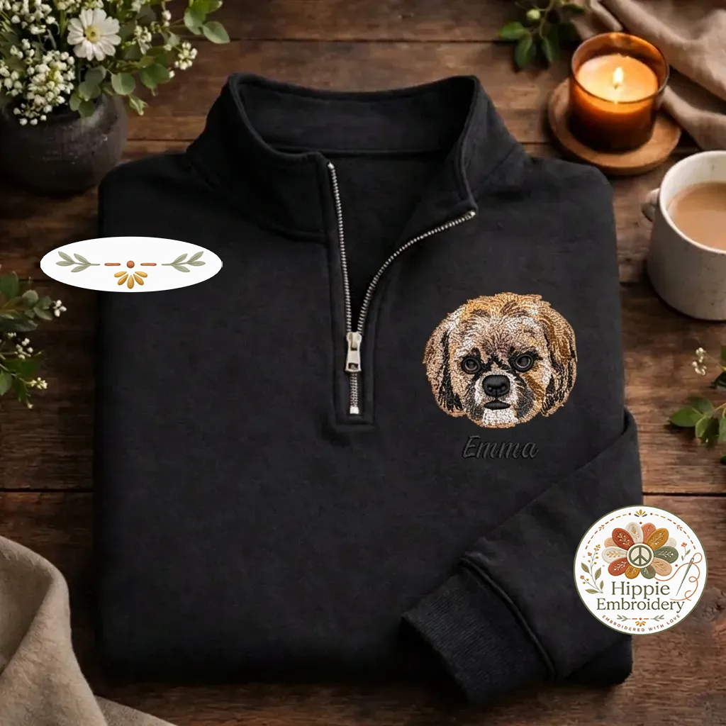 Custom Pet Portrait Embroidered Quarter Zip Sweatshirt, Dog Cat