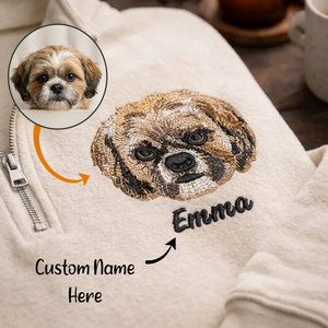 Custom Pet Portrait Embroidered Quarter Zip Sweatshirt, Dog Cat