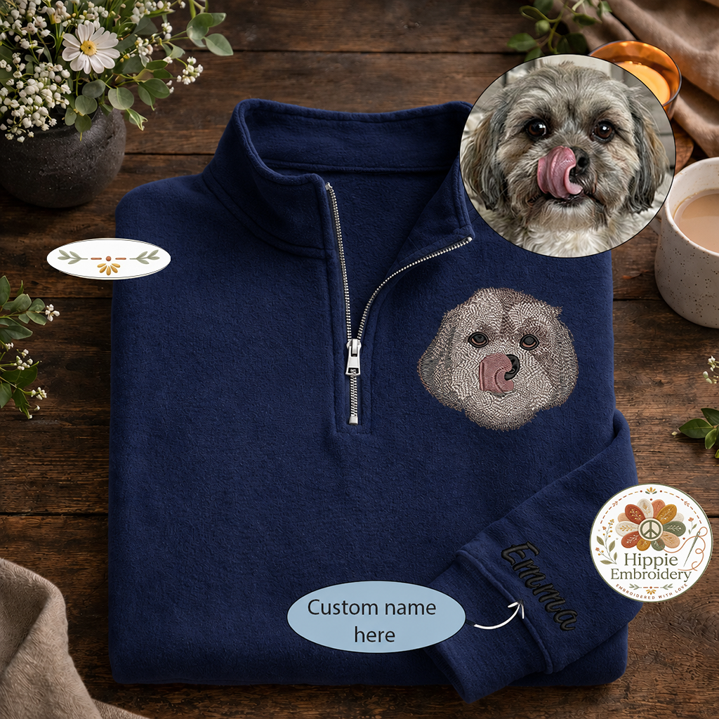 Custom Pet Portrait Embroidered Quarter Zip, Dog Cat Memorial Gift