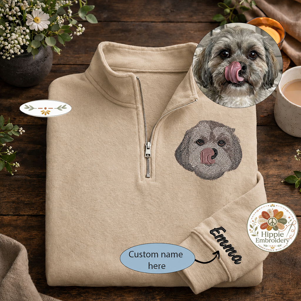 Custom Pet Portrait Embroidered Quarter Zip, Dog Cat Memorial Gift
