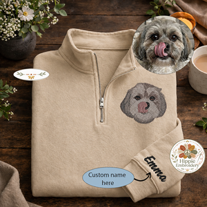 Custom Pet Portrait Embroidered Quarter Zip, Dog Cat Memorial Gift