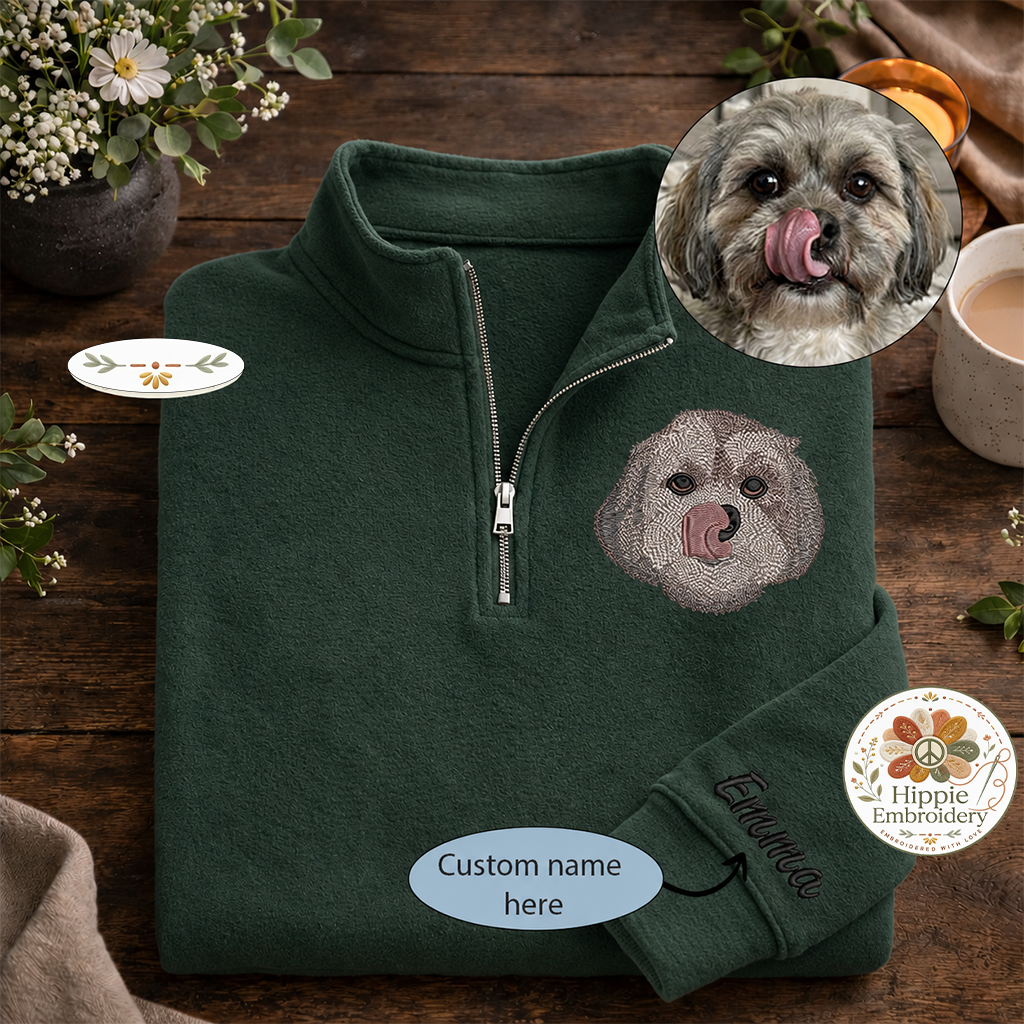 Custom Pet Portrait Embroidered Quarter Zip, Dog Cat Memorial Gift