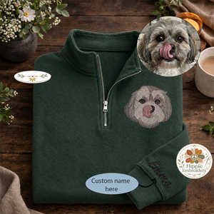 Custom Pet Portrait Embroidered Quarter Zip, Dog Cat Memorial Gift