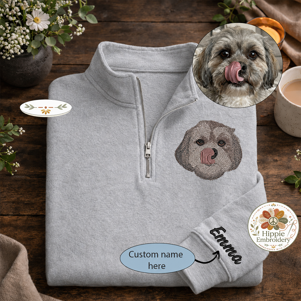 Custom Pet Portrait Embroidered Quarter Zip, Dog Cat Memorial Gift