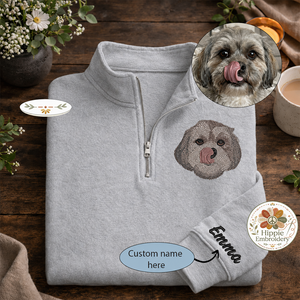 Custom Pet Portrait Embroidered Quarter Zip, Dog Cat Memorial Gift