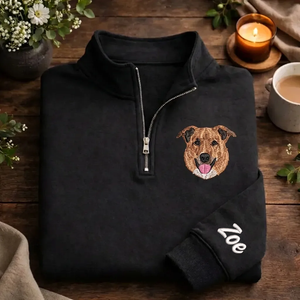 Custom Pet Portrait Embroidered Quarter Zip, Personalized Dog Cat