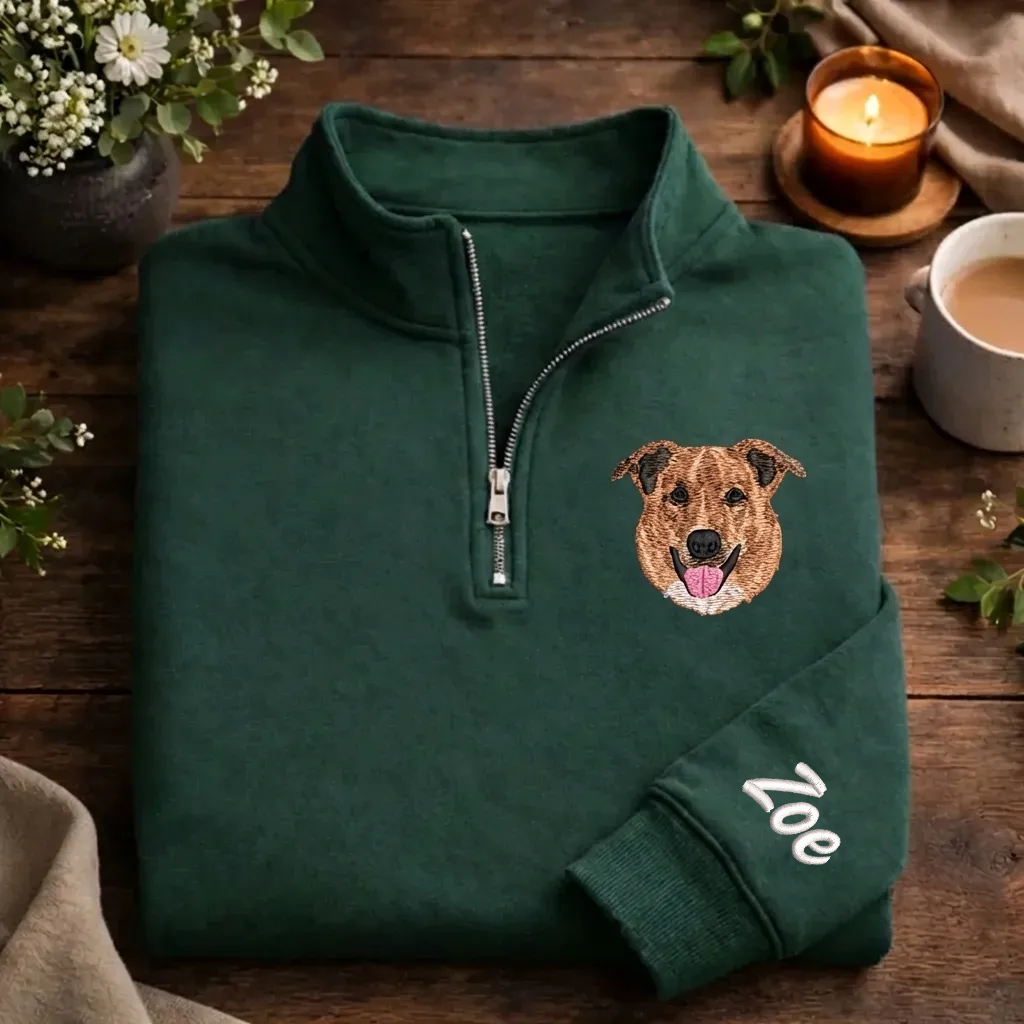 Custom Pet Portrait Embroidered Quarter Zip, Personalized Dog Cat