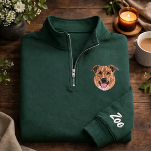 Custom Pet Portrait Embroidered Quarter Zip, Personalized Dog Cat