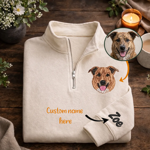 Custom Pet Portrait Embroidered Quarter Zip, Personalized Dog Cat