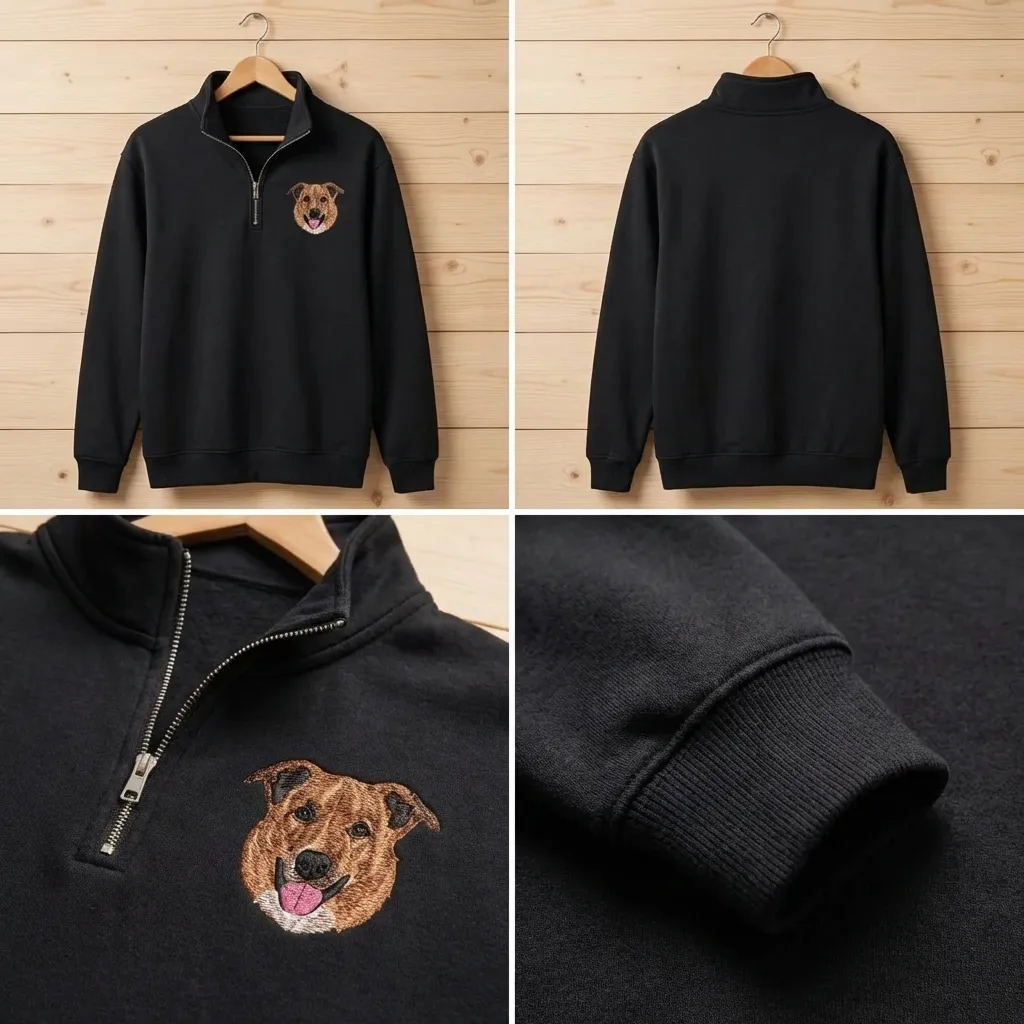 Custom Pet Portrait Embroidered Quarter Zip, Personalized Dog Cat