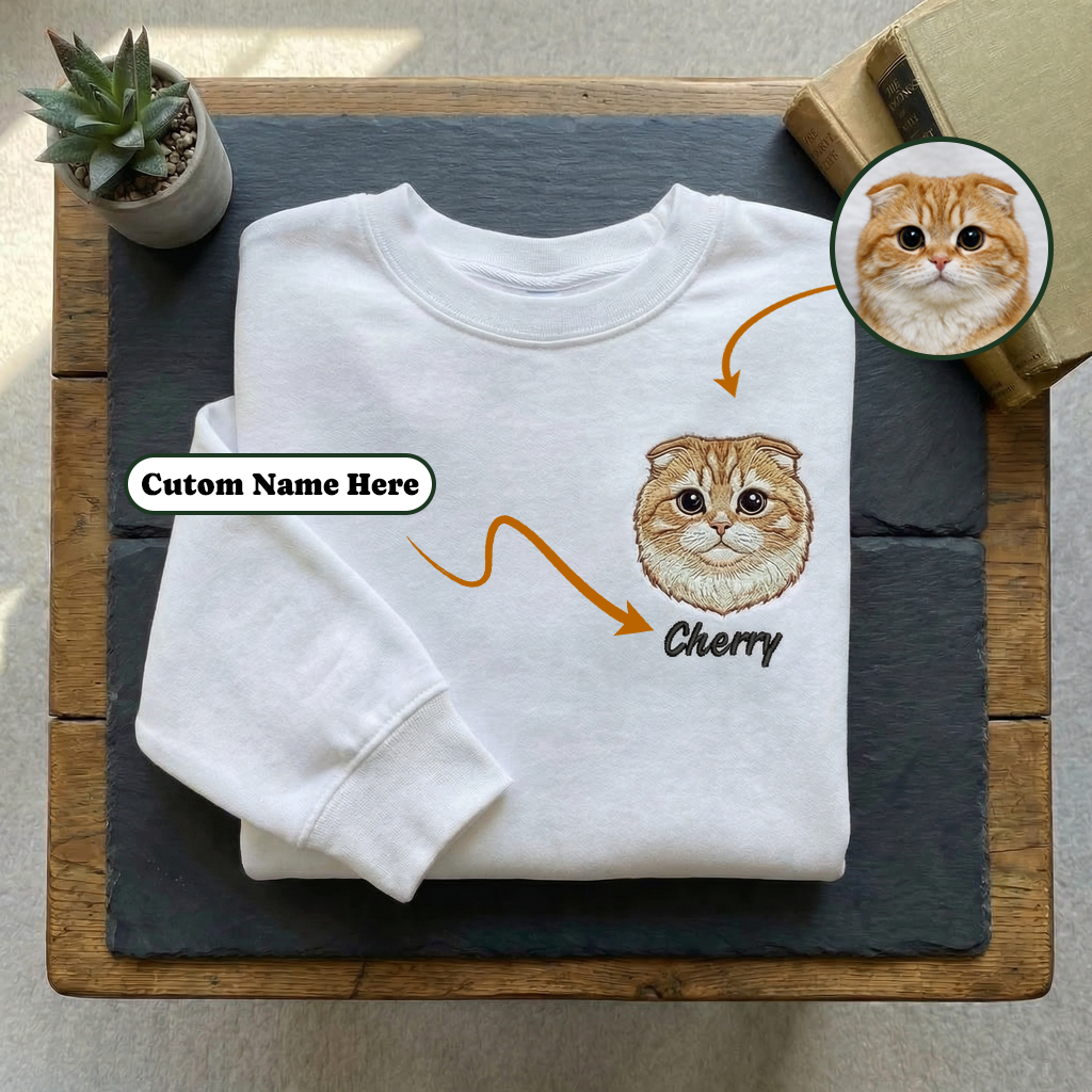 Customized Cat Embroidered Sweatshirt, Pet Portrait Top