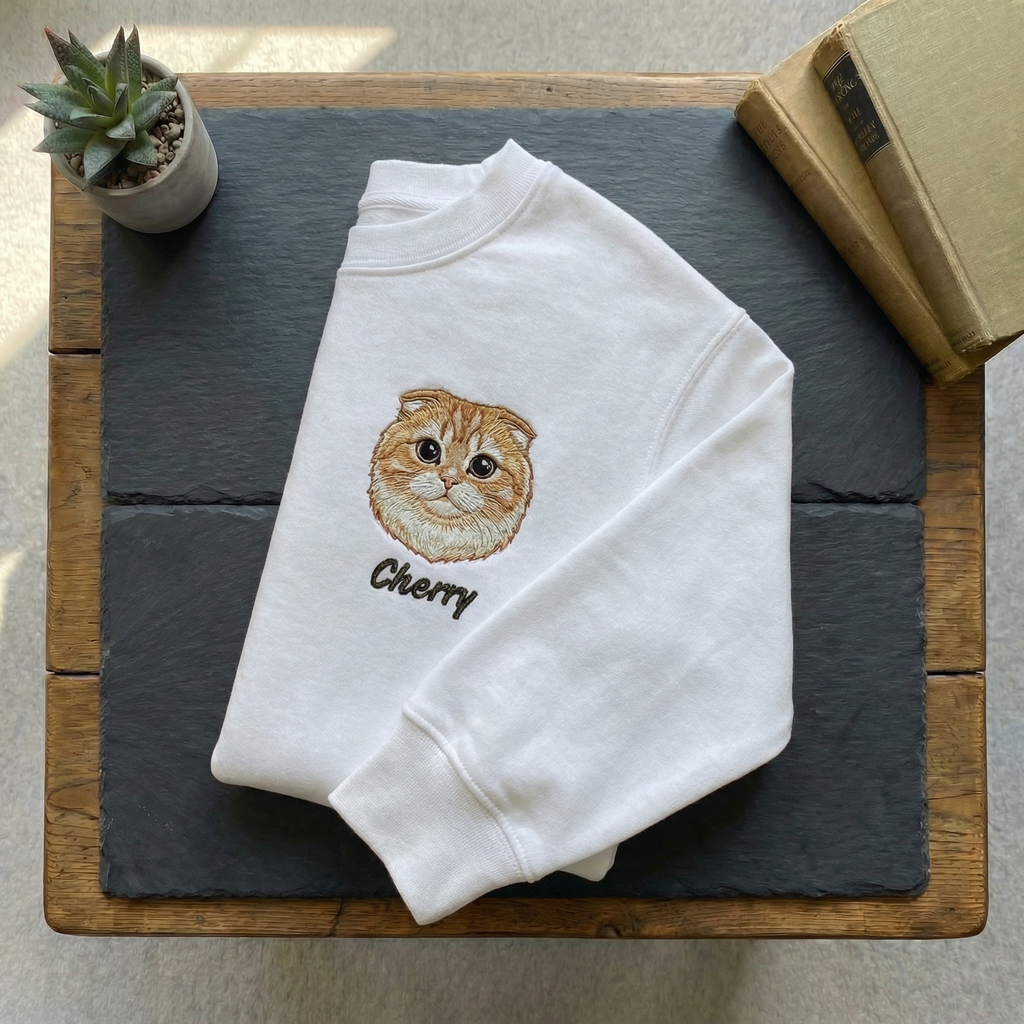 Customized Cat Embroidered Sweatshirt, Pet Portrait Top