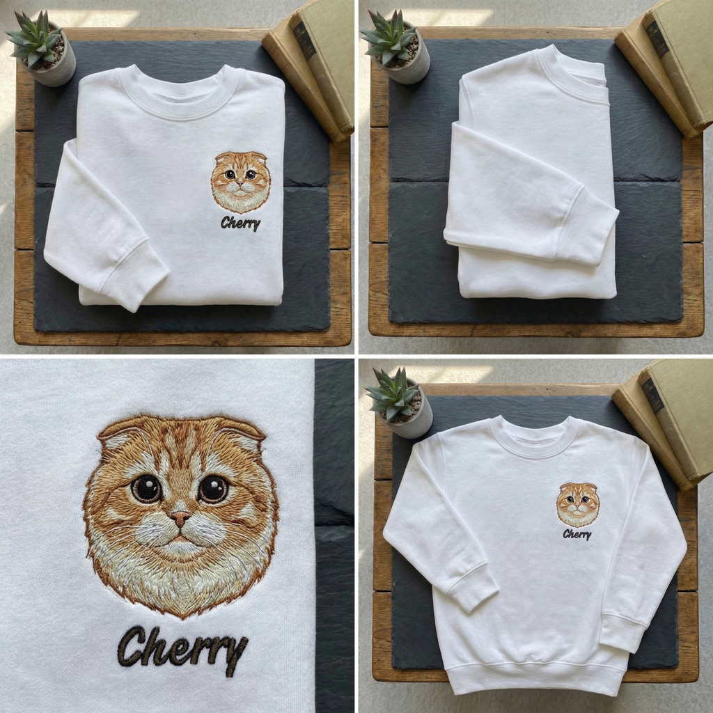 Customized Cat Embroidered Sweatshirt, Pet Portrait Top