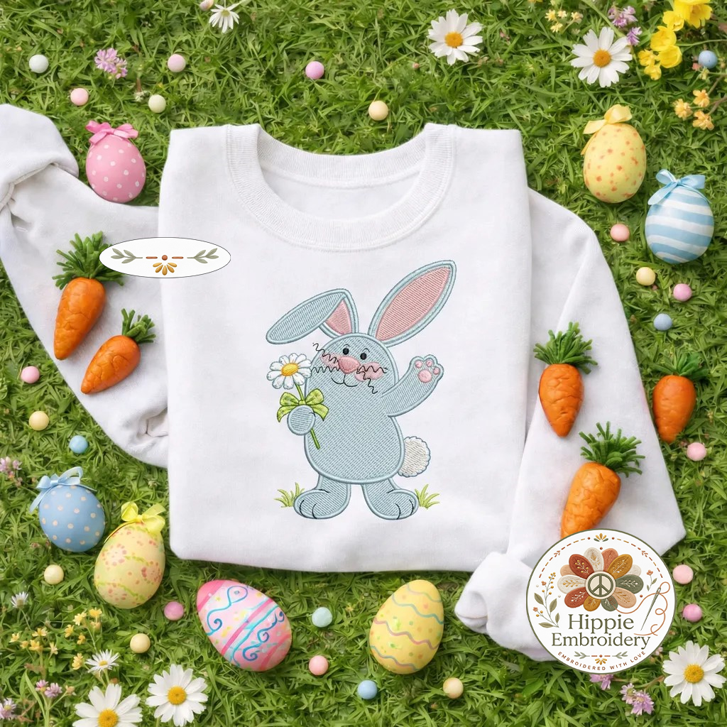 Cute Blue Bunny Embroidered Sweatshirt, Floral Rabbit Top