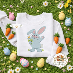Cute Blue Bunny Embroidered Sweatshirt, Floral Rabbit Top