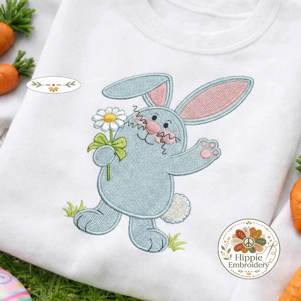 Cute Blue Bunny Embroidered Sweatshirt, Floral Rabbit Top
