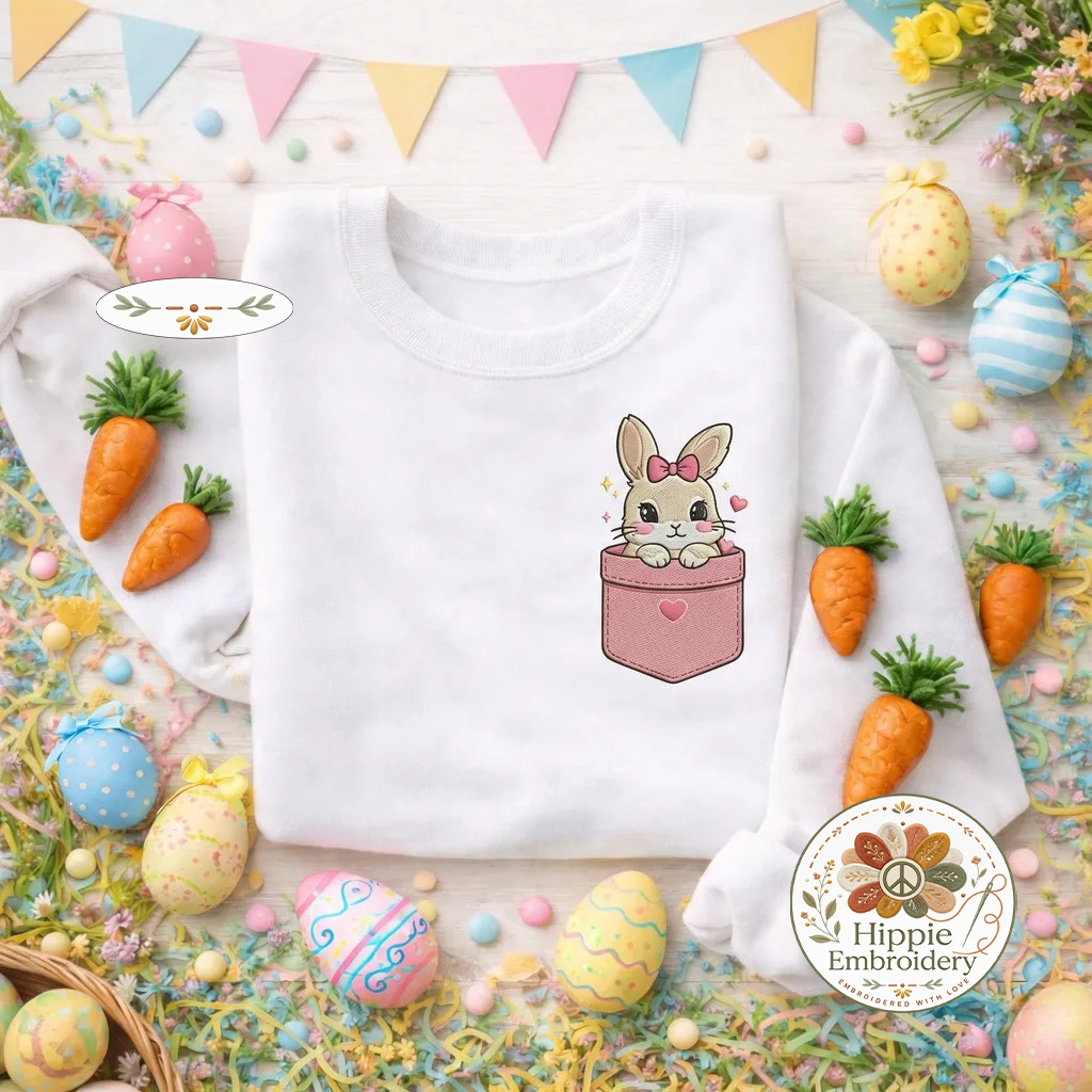Cute Pocket Bunny Embroidered Sweatshirt, Heart Rabbit Top