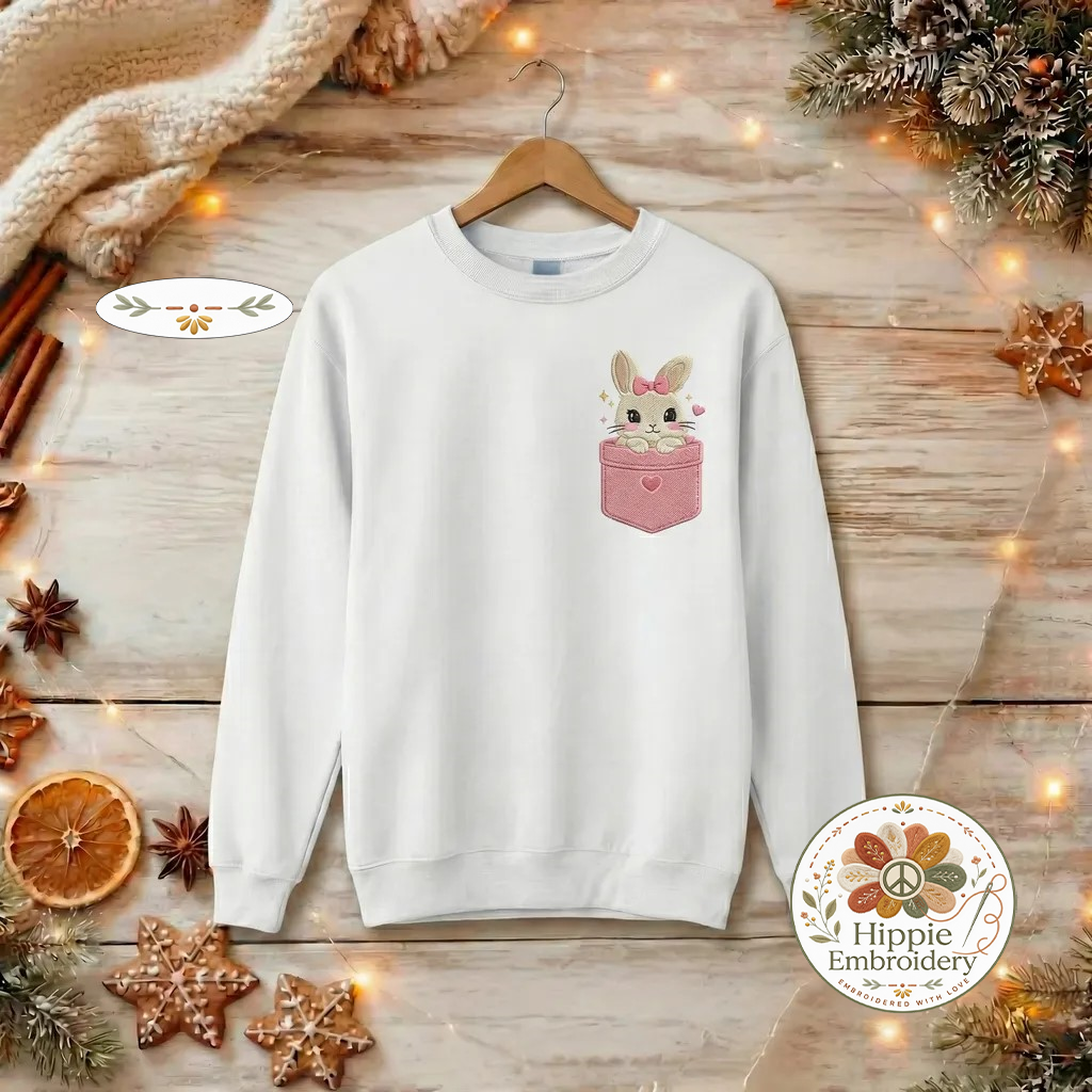 Cute Pocket Bunny Embroidered Sweatshirt, Heart Rabbit Top