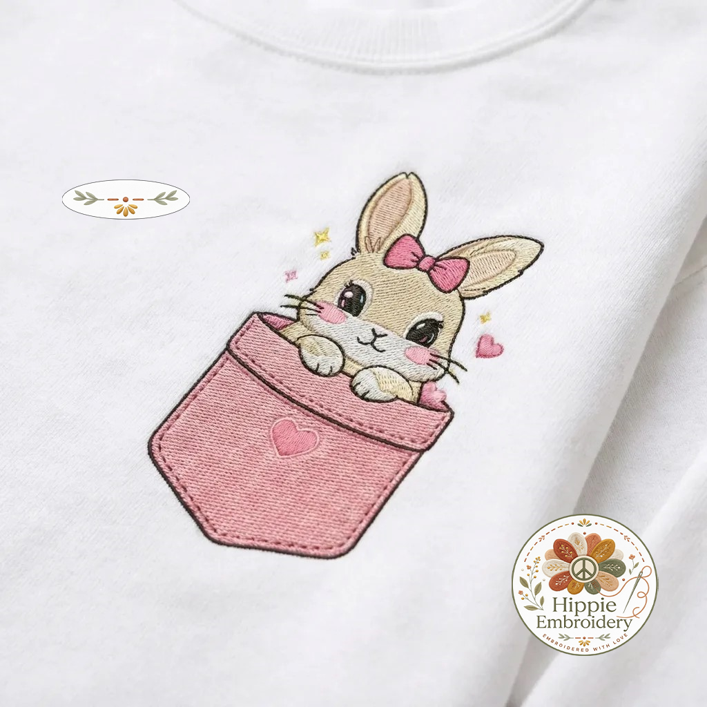 Cute Pocket Bunny Embroidered Sweatshirt, Heart Rabbit Top