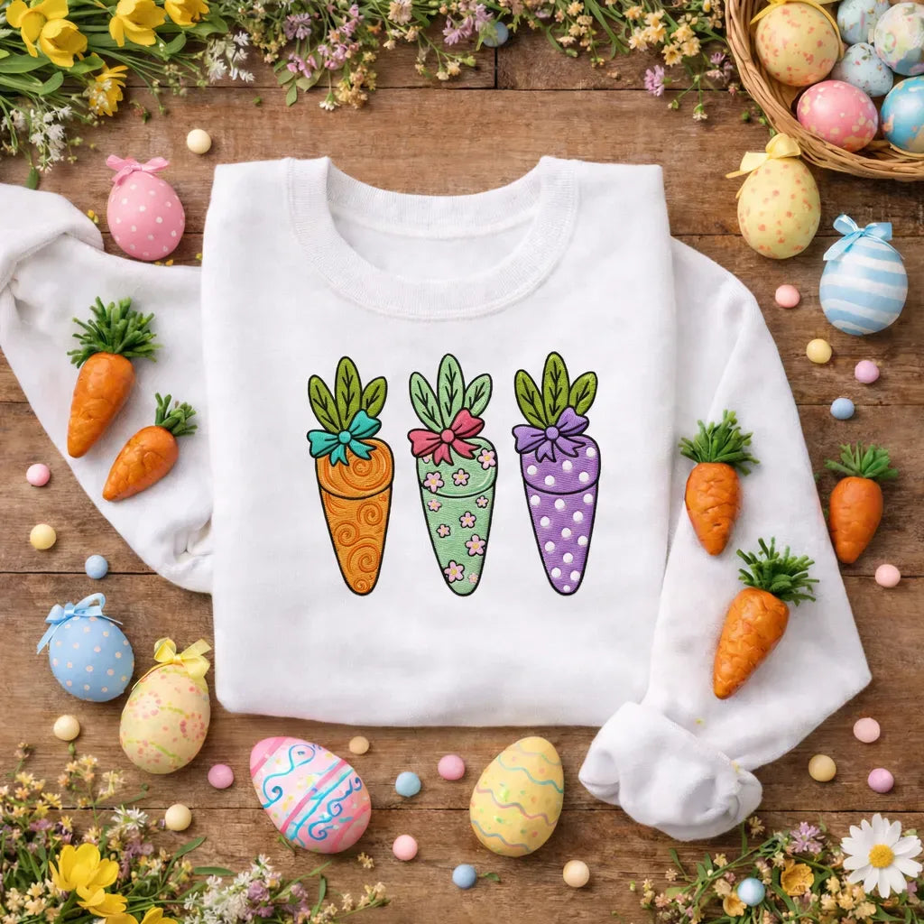 Decorative Easter Carrot Embroidered Sweatshirt, Spring Top
