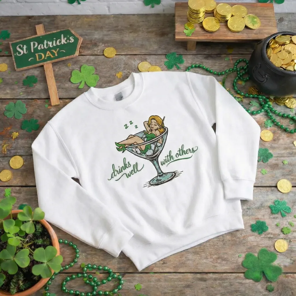 Drinks Well With Others Embroidered Sweatshirt, Irish Top