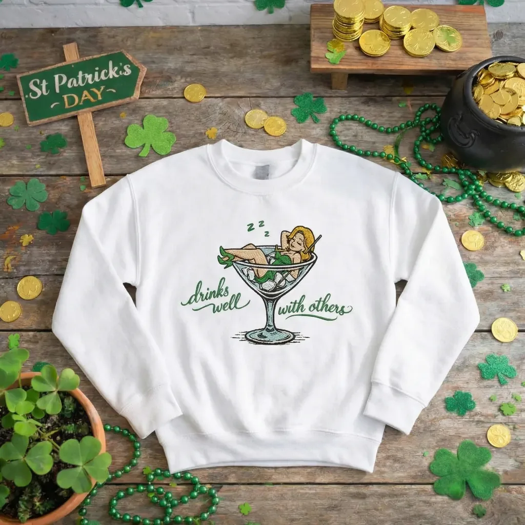 Drinks Well With Others Embroidered Sweatshirt, Irish Top