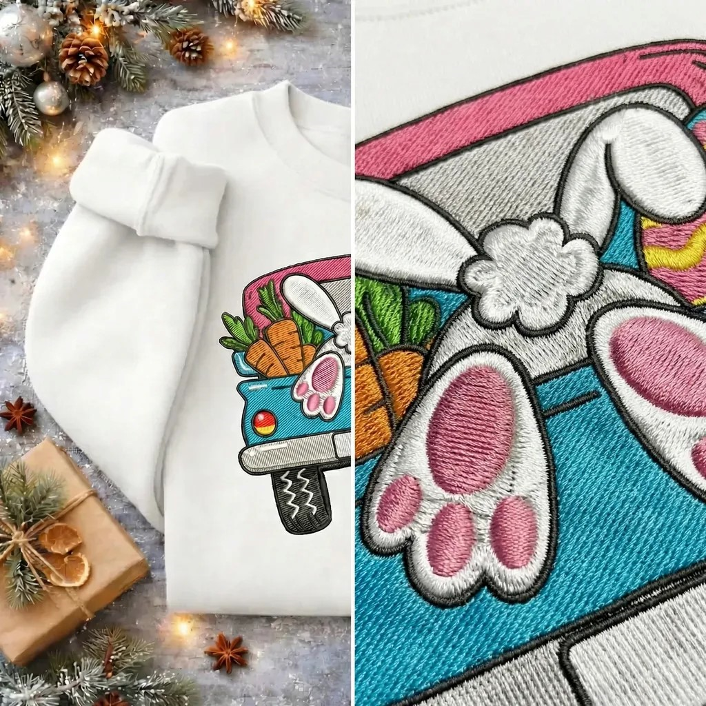 Easter Bunny Truck Embroidered Sweatshirt, Retro Pickup Top