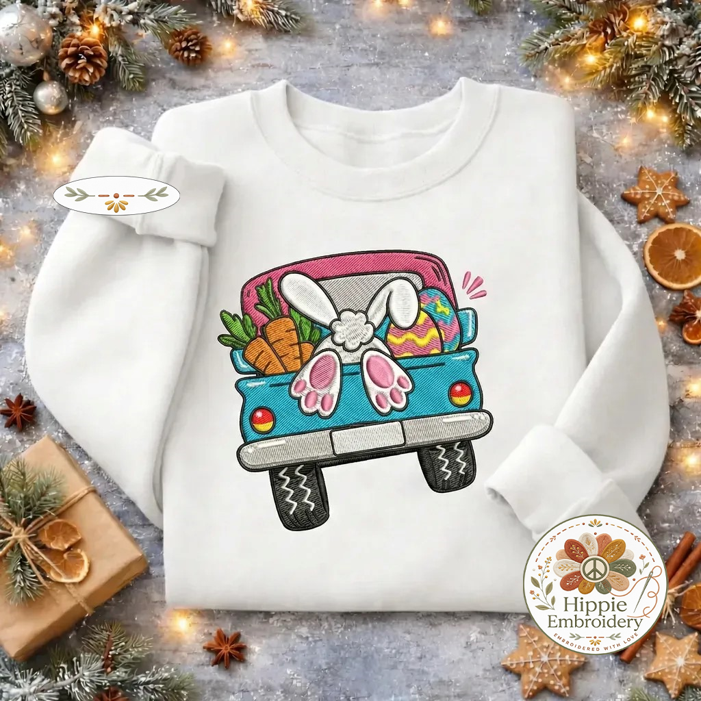 Easter Bunny Truck Embroidered Sweatshirt, Retro Pickup Top