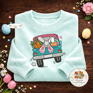 Easter Bunny Truck Embroidered Sweatshirt, Retro Pickup Top