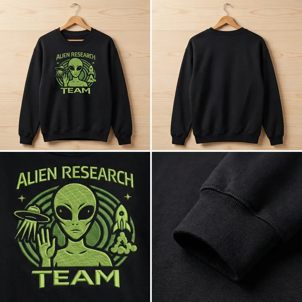 Embroidered Alien Research Team Sweatshirt, Funny Sci-Fi Top