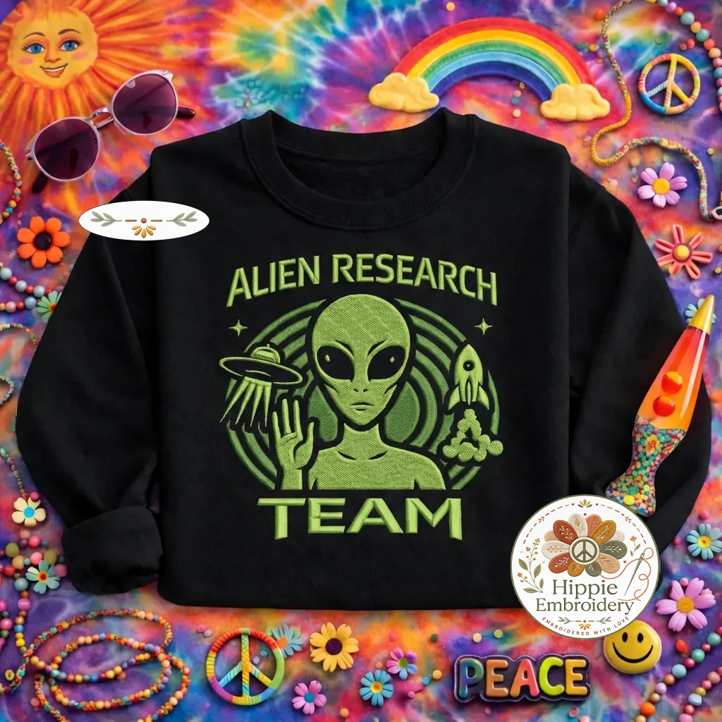 Embroidered Alien Research Team Sweatshirt, Funny Sci-Fi Top