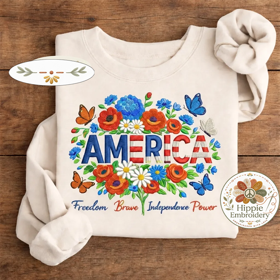Embroidered America Shirt, Patriotic USA Floral Flag Crewneck