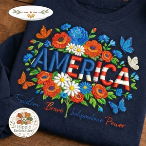 Embroidered America Shirt, Patriotic USA Floral Flag Crewneck