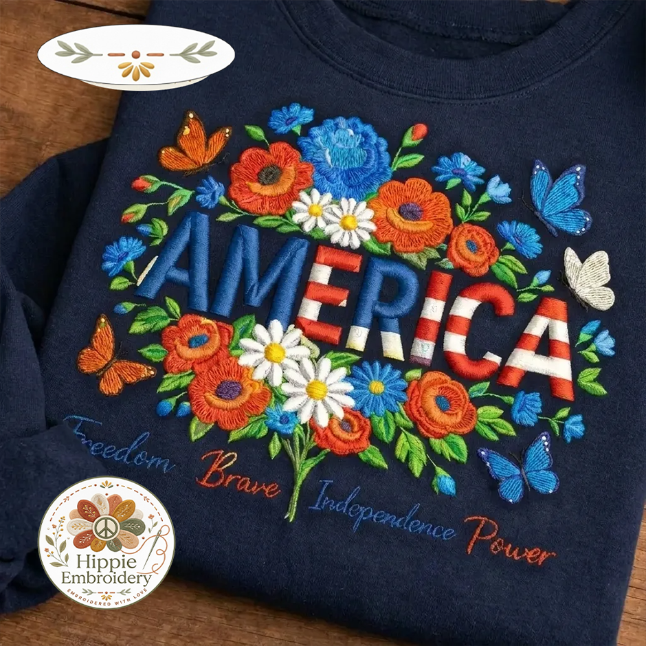 Embroidered America Shirt, Patriotic USA Floral Flag Crewneck