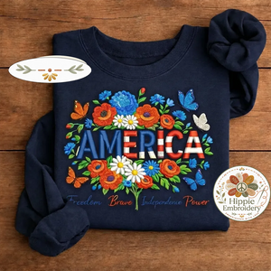 Embroidered America Shirt, Patriotic USA Floral Flag Crewneck