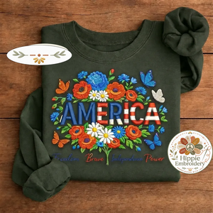 Embroidered America Shirt, Patriotic USA Floral Flag Crewneck