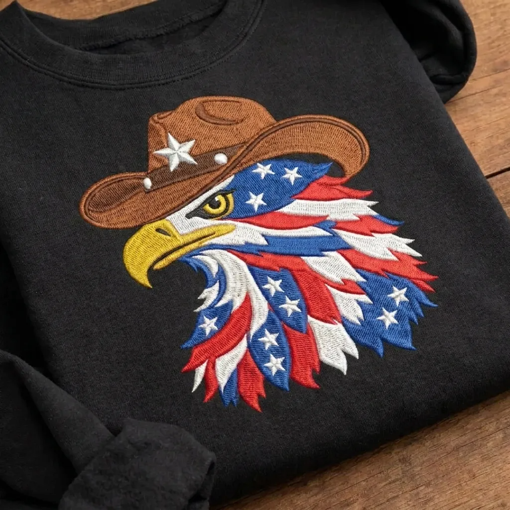 Embroidered American Eagle Cowboy Sweatshirt, Patriotic USA Crewneck