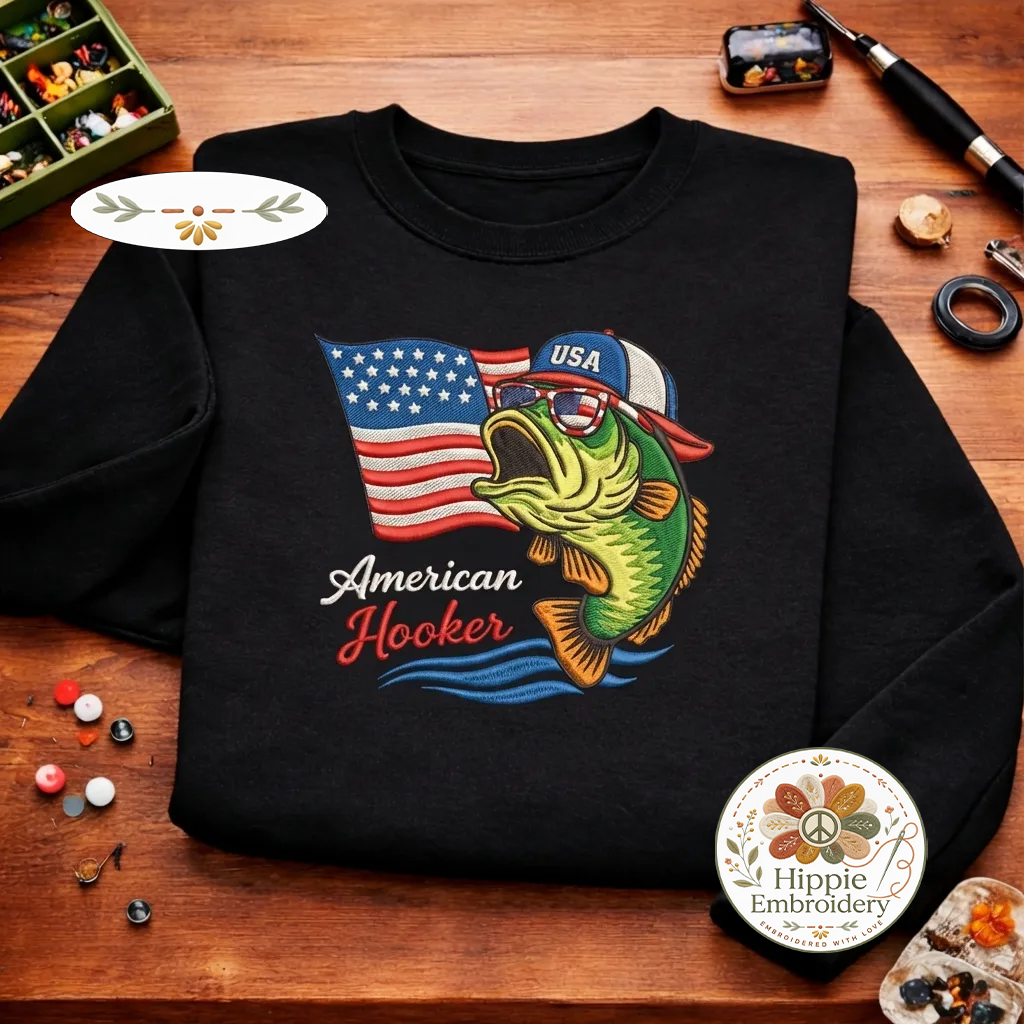 Embroidered American Hooker Sweatshirt, Funny Fishing Crewneck