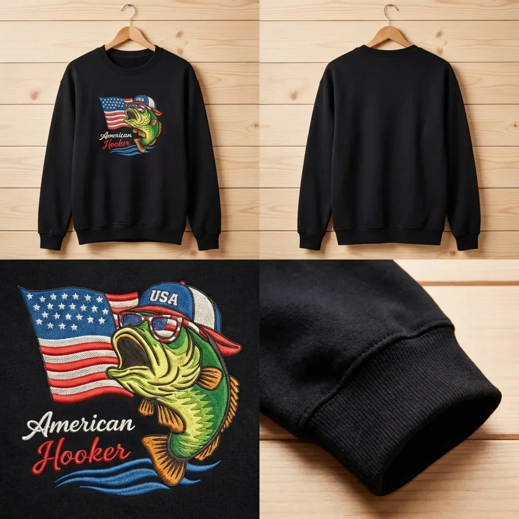 Embroidered American Hooker Sweatshirt, Funny Fishing Crewneck