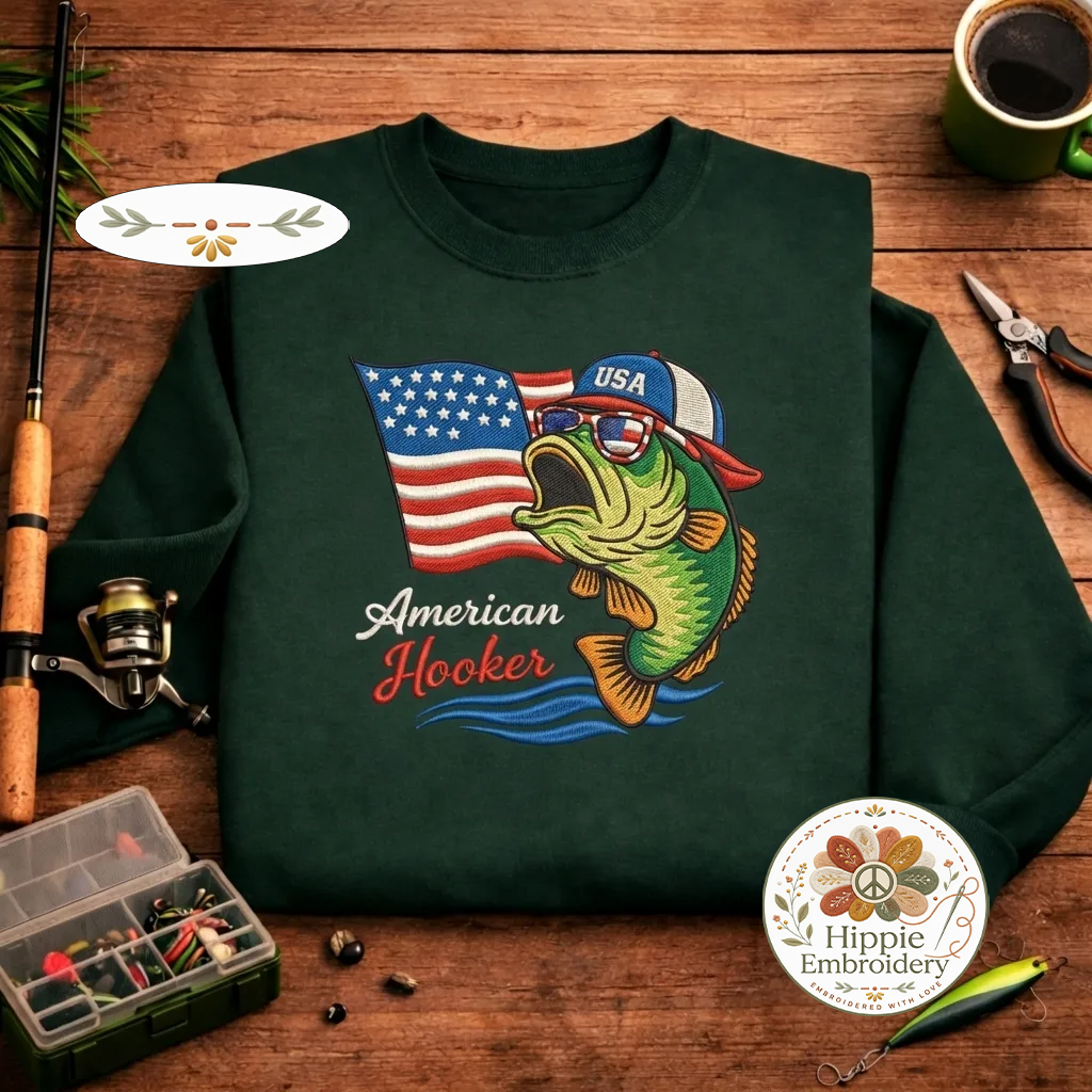 Embroidered American Hooker Sweatshirt, Funny Fishing Crewneck