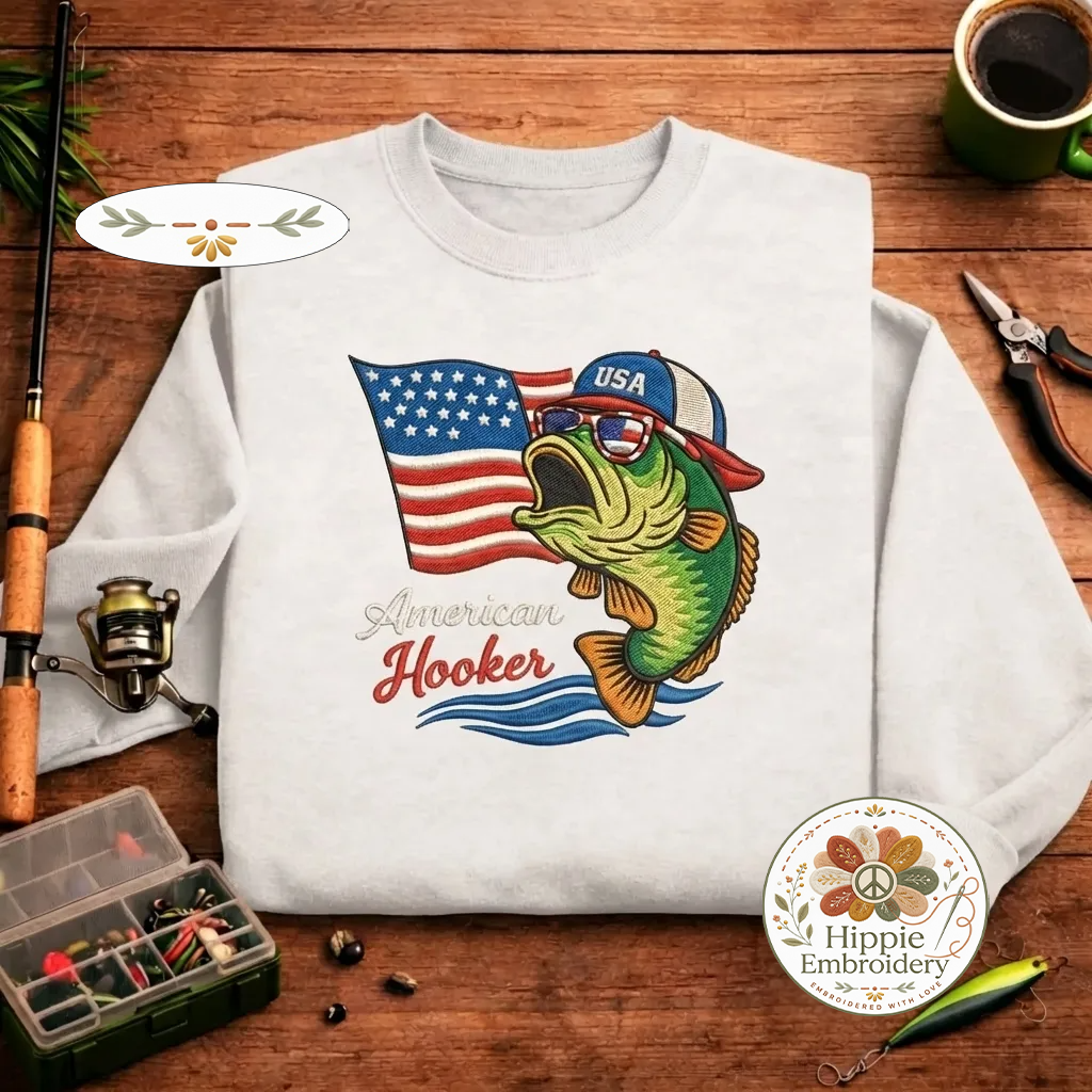Embroidered American Hooker Sweatshirt, Funny Fishing Crewneck