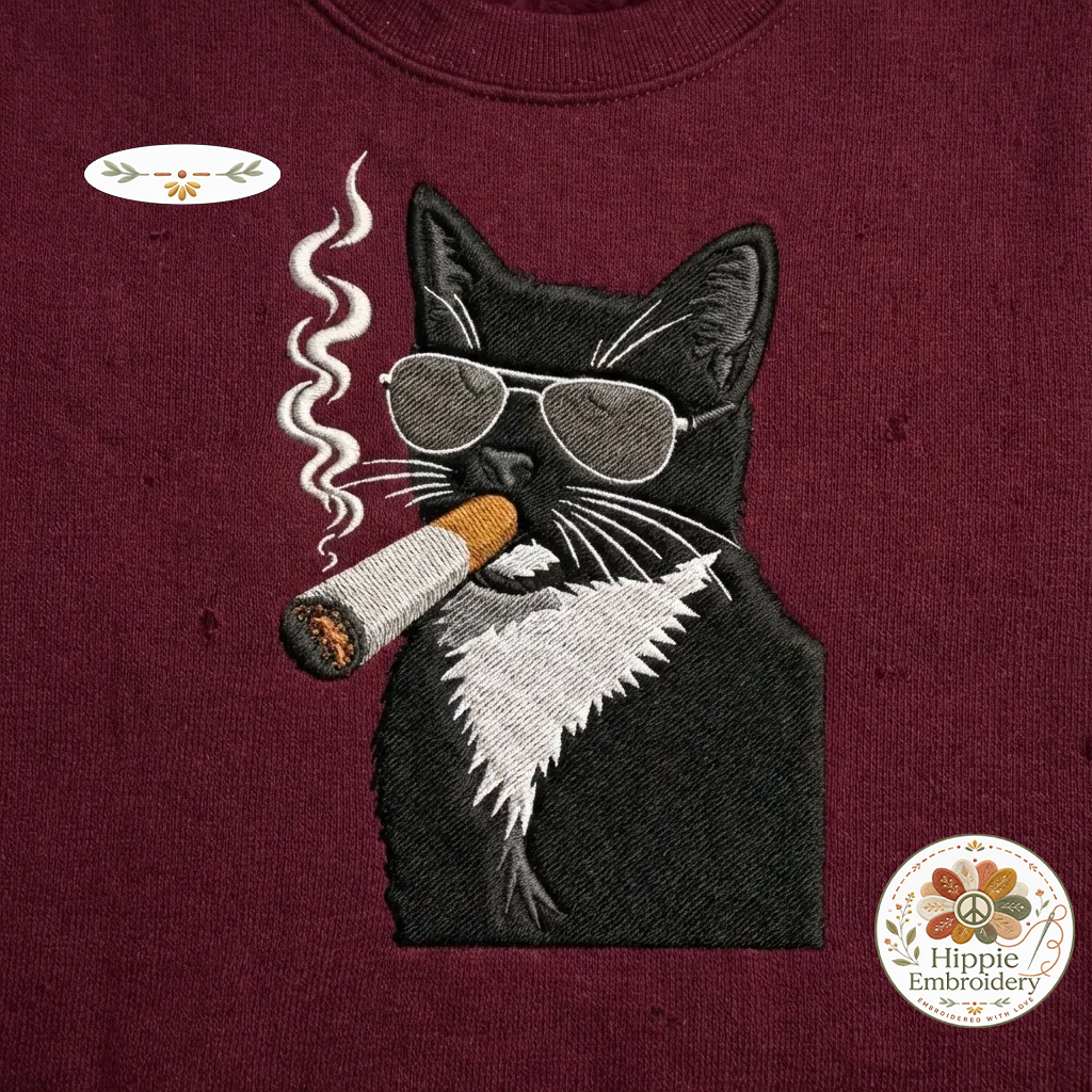 Embroidered Badass Tuxedo Cat Sweatshirt, Edgy Smoking Cat Shirt