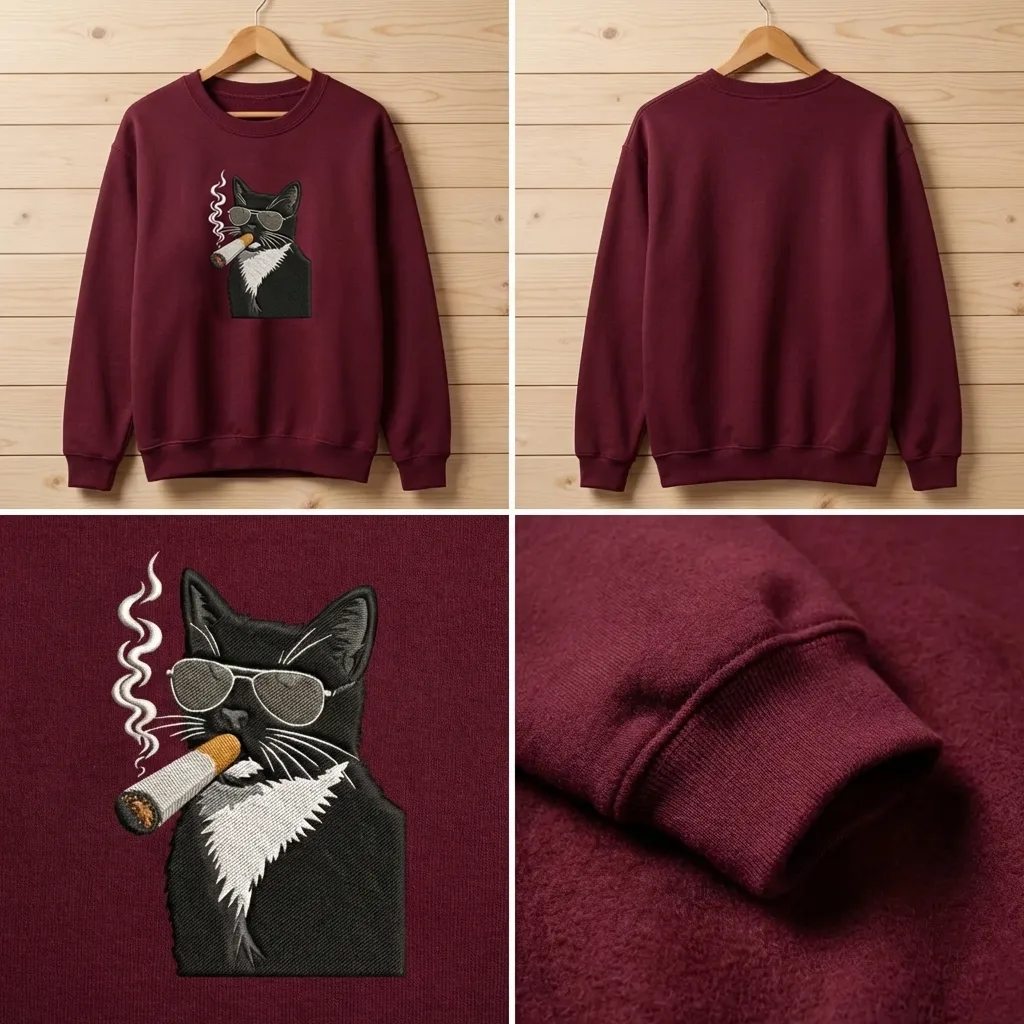 Embroidered Badass Tuxedo Cat Sweatshirt, Edgy Smoking Cat Shirt