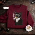 Embroidered Badass Tuxedo Cat Sweatshirt, Edgy Smoking Cat Shirt