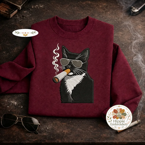 Embroidered Badass Tuxedo Cat Sweatshirt, Edgy Smoking Cat Shirt